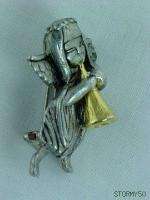 Vtg Angel w Horn Pewter Christmas Pin Brooch Pendant  