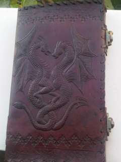 Vintage Dragon engraved handmade leather bound blank book, 2 antique 