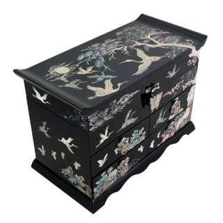   Inlay Asian Lacquer Wood Black Treasure Chest Jewelry Gift Box  