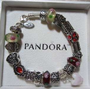 Authentic Pandora Bracelet w 19 beads and charms Valentine Mom red 