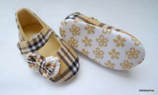 Baby girl brown tartan Mary Jane Bow Shoes NEW(0 6M)  