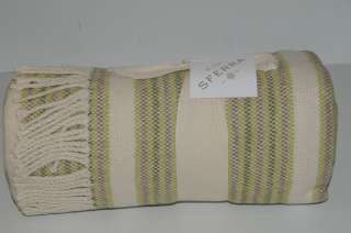   Large Off white Green Striped Fringed Cotton Throw Blanket  