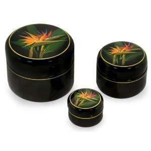  Lacquered wood boxes, Birds of Paradise (set of 3)