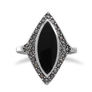  Marquise Black Onyx with Marcasite Edge Ring Sterling 