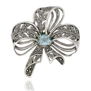   Sterling Silver Marcasite and Blue Topaz Ribbon Pin Jewelry