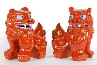 RED CERAMIC FOO DOGS Fu Lion Set Pair Chinese Feng Shui  