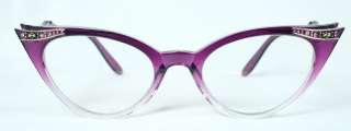   Womens Cat Eye Dual Purple/Clear Frame Clear Lens Glasses Rhinestones