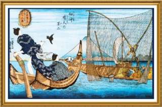   Fuji Boat Fish by Artist Kuniyoshi Counted Cross Stitch Chart  