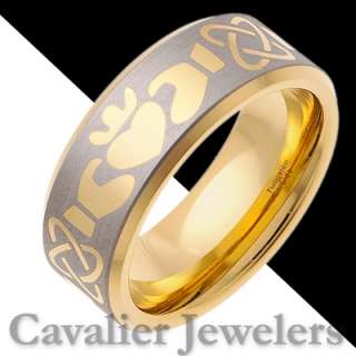 MENS TUNGSTEN RING WEDDING BAND CELTIC CLADDAGH GOLD BRIDAL JEWELRY 