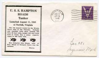 USS Hampton Roads 1945 Tanker Naval Cover  