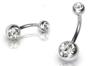 STEEL BELLY NAVEL RING 2 CLEAR CZ DOUBLE GEM 14G B406  