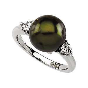  Tahitian Cultured Pearl 10mm & diamond Ring 14K White Gold 