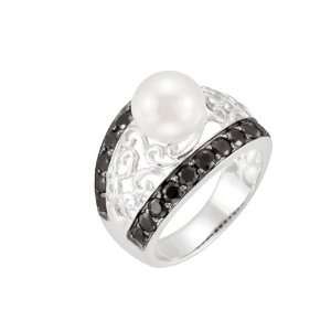    Freshwater Cultured Pearl & Black Diamond Ring Silver Jewelry