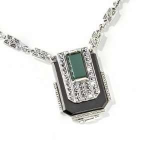  Sterling Silver 18 Onyx, Green Chalcedony & Marcasite 