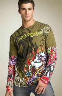 Ed Hardy Platinum Flocked Trim Fit Double Sleeve T Shirt  