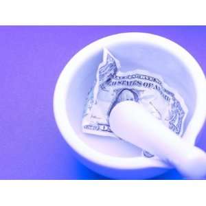 American Dollar Bill in White Porcelain Mortar and Pestle Photographic 