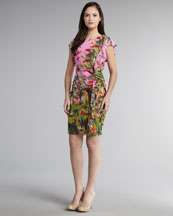 T4FXF Kay Unger New York Floral Print Flutter Sleeve Dress
