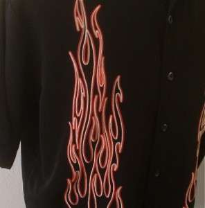 Embroidered Flames Hot Rod Lounge Biker Club Atomic Bar Bowling shirt 