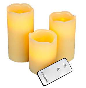 Set of 3 Flameless Ivory Pillar Candles w/Remote Vanilla Scented 