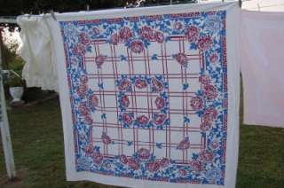 FABULOUS 1950s DARK PINK & BLUE FLORAL PRINT TABLECLOTH  