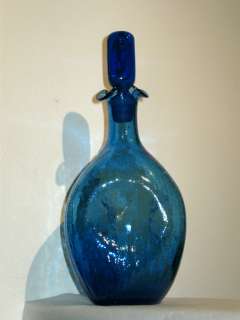   49 Blue Crackle Pinch Bottle Art Glass Decanter & Stopper  