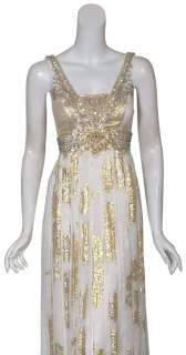SUE WONG Ivory Metallic Silk Evening Gown Dress 4 NEW  