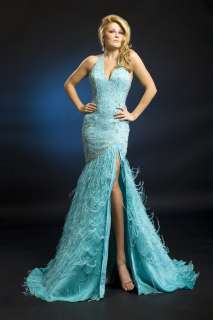 Beaded Lace Ostrich Feather Pageant Evening Gown 324  