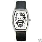 Hello Kitty Strip New Black Leather Quartz Wrist Watch