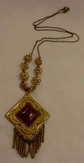 Elegant Gilded Czechoslovakian Filigree Necklace w/ Carnelian Stone 