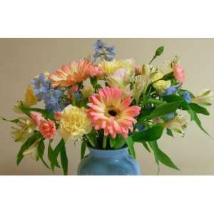 Spring Sunday Morning Cut Flower arrangement/w blue vase  
