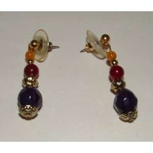   Amethyst, Garnet Colored Beads Pierced Drop Earrings 