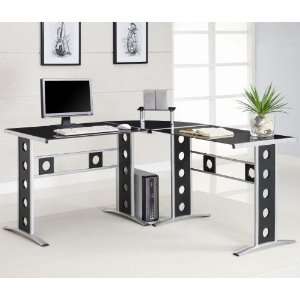  Modern L Shape Desk w/Silver Frame & Black Glass by 