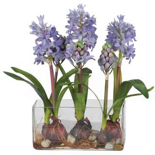 Silk Purple HYACINTH Flower Bulb Arrangement w/ Glass Vase & Rocks 