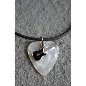 Guitar Pick Necklace with Black Electric Guitar Charm on Ivory Guitar 