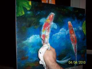 ORIGINAL OIL Painting KOI FISH POND CLOUDS Art MAZZ 16 x 20 inch 