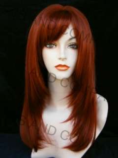 Sexy FACE FRAME LONG Skin Top Straight Red WIG w. Blunt Cut Bangs WASR 