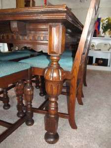 Antique Spanish Mission Draw Leaf Dining Table Set Chairs & Sideboard 