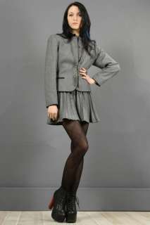 Vintage 80s Wool Gray Blk SASSON Fitted Jacket PLEATED Skinny Skirt 