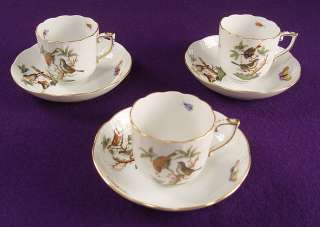 Pristine HEREND ROTHSCHILD BIRD Chocolate Cup and Saucer Sets  
