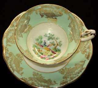 EB Foley CHELSEA BIRD MINT LIME GILT TEA CUP AND SAUCER  