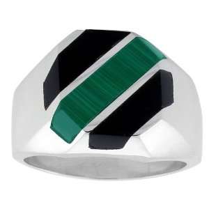   Mens Sterling Silver Ring with Malachite & Black Obsidian 12 Jewelry