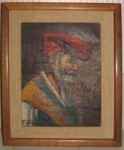 Oil Painting Old Man Smoking Pipe in Red Hat  