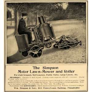 1906 Ad Simpson Motor Riding Lawn Mower and Roller PA   Original Print 