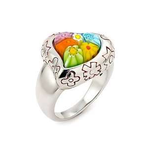  Millefiori Murano Glass Multi Color Curved Heart Ring 