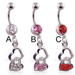    Jeweled navel ring with double heart dangle, pink   B Jewelry
