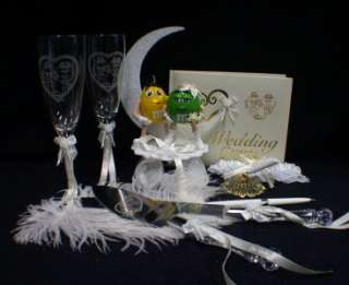   Wedding Cake topper Lot Glasses knife Server Guest book Ivory  