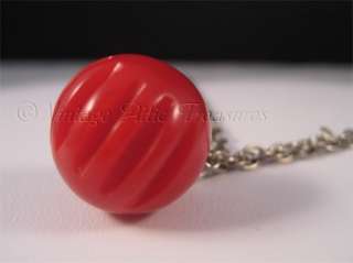 Vintage Red Bakelite Ball Button Pendant Necklace  