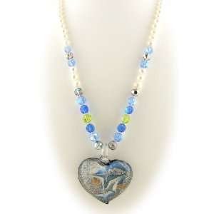   Murano Style Glass Heart Pendant Freshwater Pearl Necklace Jewelry