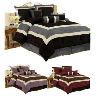 7PC New Comforter Set Soft Micro Suede Patchwork Black Burgundy Beige 