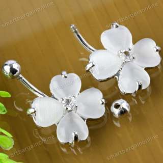 1x White Cat Eye Clover Crystal Piercing Navel Ring 14g Size  (Approx 